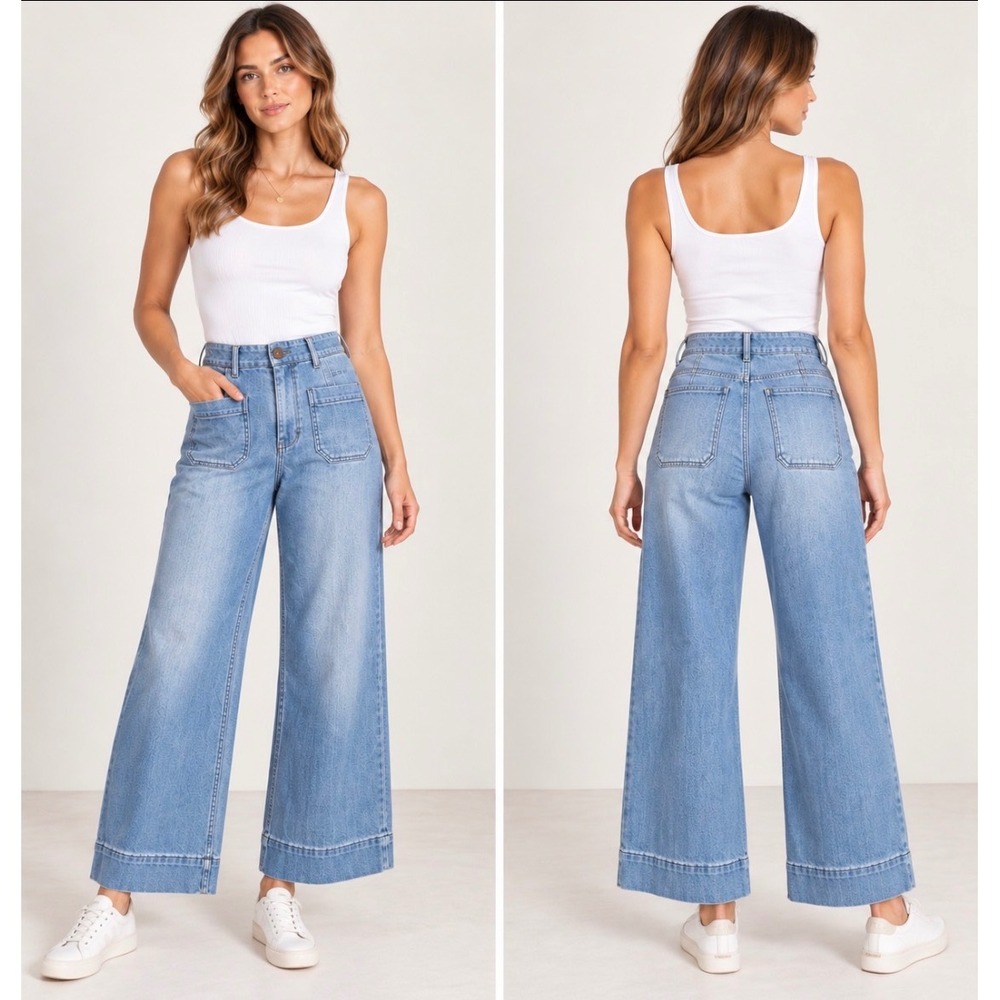 Pilcro Anthropologie Wide Leg Crop Jeans 26 Petite High Rise Patch Pockets Denim